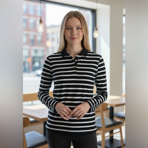 ANN KLEIN black white stripe long sleeve top S - Picture 1 of 10